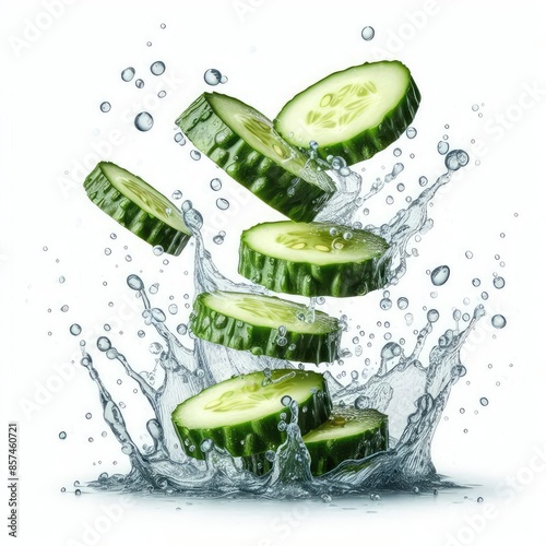 Cucumbers slices falling and flying with water splash isolated on a white background