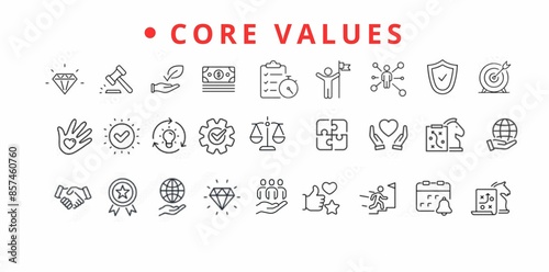 Simple set of core values ​​icons set in a full vector diagram style.