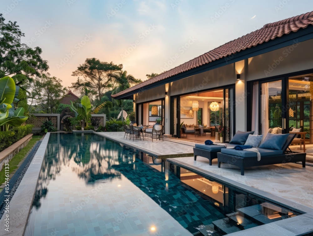 Fototapeta premium Luxurious bungalow with a private pool, outdoor lounge area, and elegant landscaping, providing a serene and opulent living experience