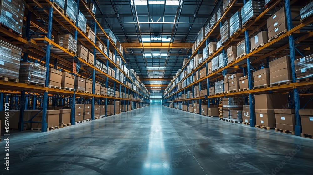 A perspective view of a long aisle in a contemporary warehouse. Tall metal shelving units are stocked neatly with labeled boxes. A perspective view of a long aisle in a contemporary warehouse. Tall metal shelving units are stocked neatly with labeled boxes.