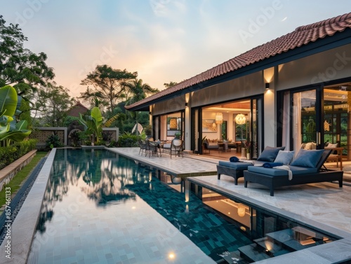 Luxurious bungalow with a private pool, outdoor lounge area, and elegant landscaping, providing a serene and opulent living experience  © authapol