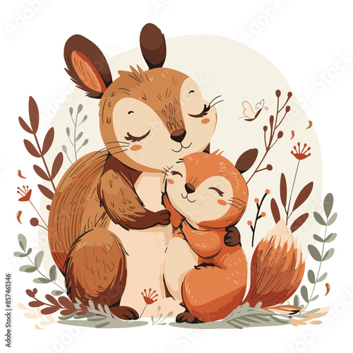 Cute cartoon squirrel and chipmunk hugging each other. Vector illustration.
