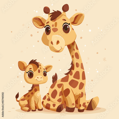 Cute cartoon baby giraffe with her mother. Vector illustration.