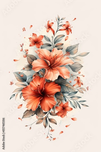 Watercolor Illustration of Orange Hibiscus Flowers With Green Leaves