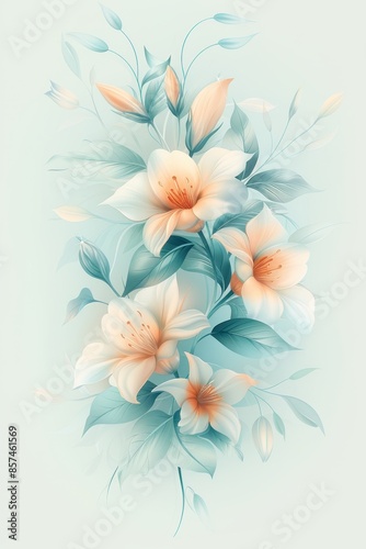 Soft White Flowers With Teal Leaves on a Light Blue Background