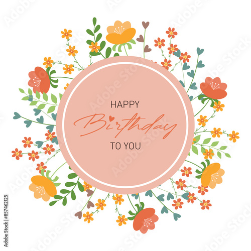 Birthday card with cup and flowers. Illustration on a white background
