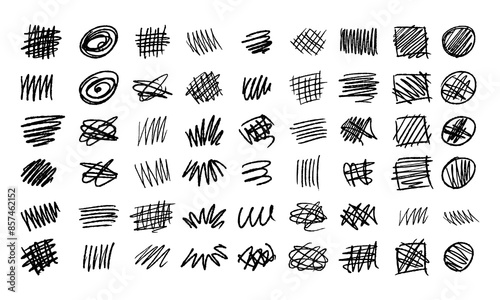 Fifty four small hand drawn doodles of different shapes and types. Doodles and Squiggles. Vector set