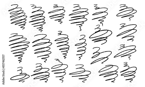 Twenty hand drawn doodle swirls. Original squiggles on white background. Vector set