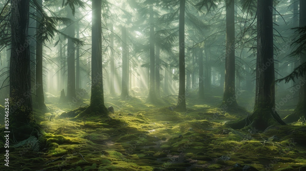 Fototapeta premium Sunlight pierces through the dense, misty forest, illuminating the moss-covered ground.