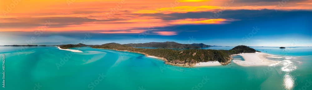 Hill Inlet Lookout. Whitehaven Beach in the Whitsundays, Queensland panoramic aerial view, Australia. Hill Inlet Lookout. Whitehaven Beach in the Whitsundays, Queensland panoramic aerial view, Australia.