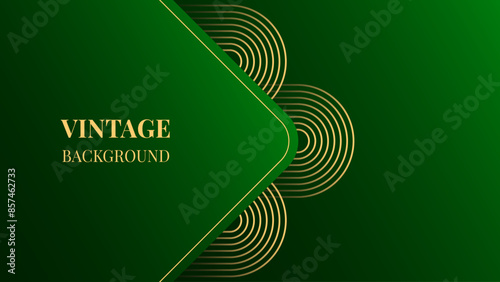 Emerald green gradient abstract background with gold wavy lines design. Vintage geometric pattern. Retro poster or web banner template. Blended lines	