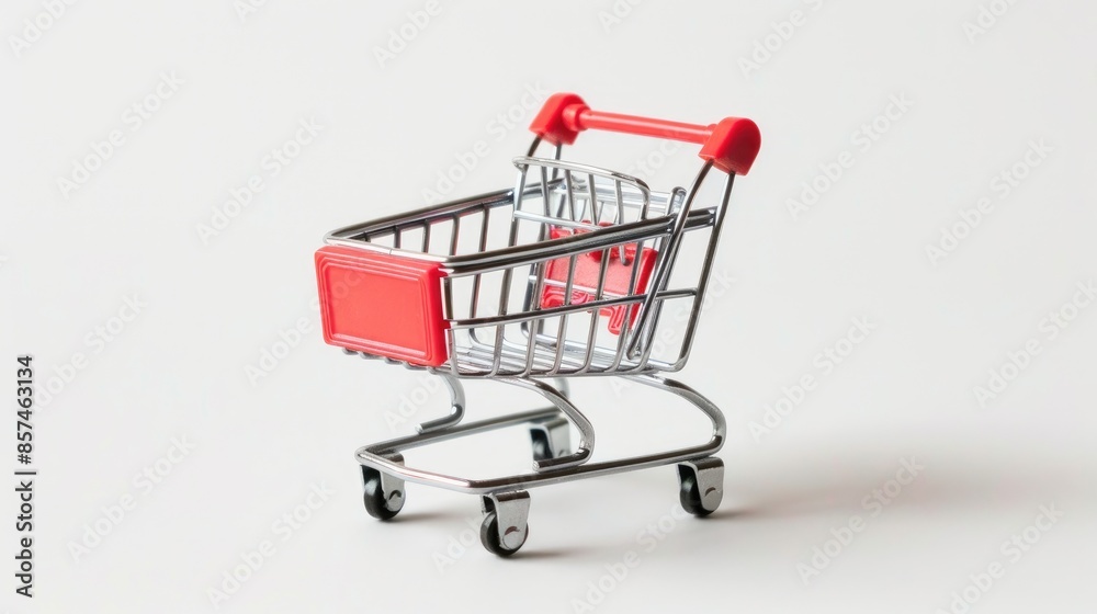 Mini toy shopping cart on white background with copy space shopping idea portrayed Mini toy shopping cart on white background with copy space shopping idea portrayed