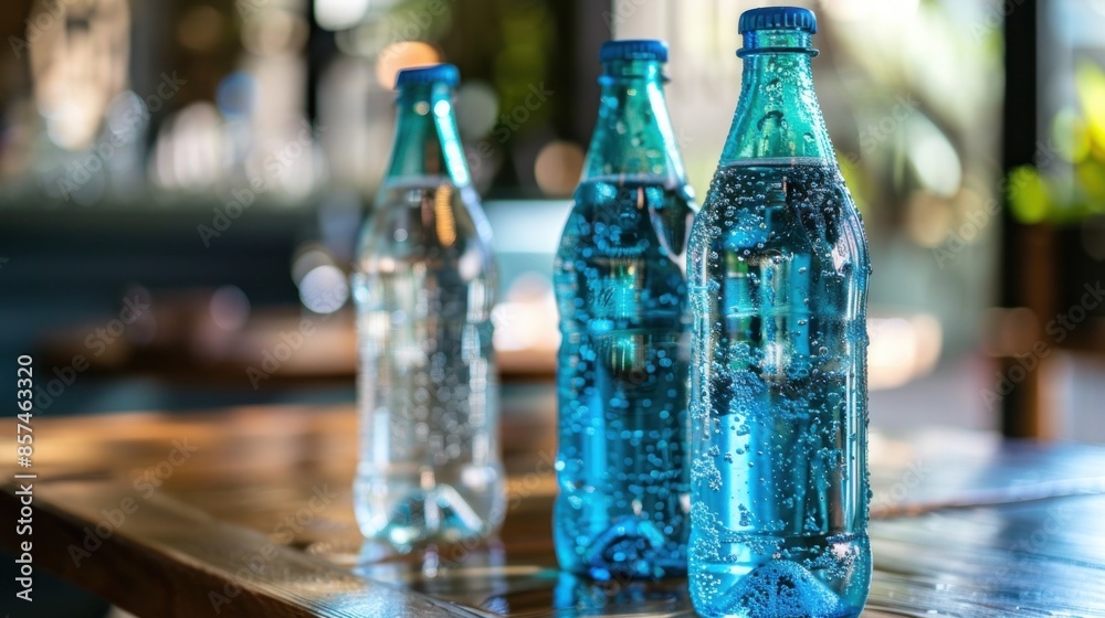 Three Bottles of Sparkling Water on a Wooden Table Three Bottles of Sparkling Water on a Wooden Table