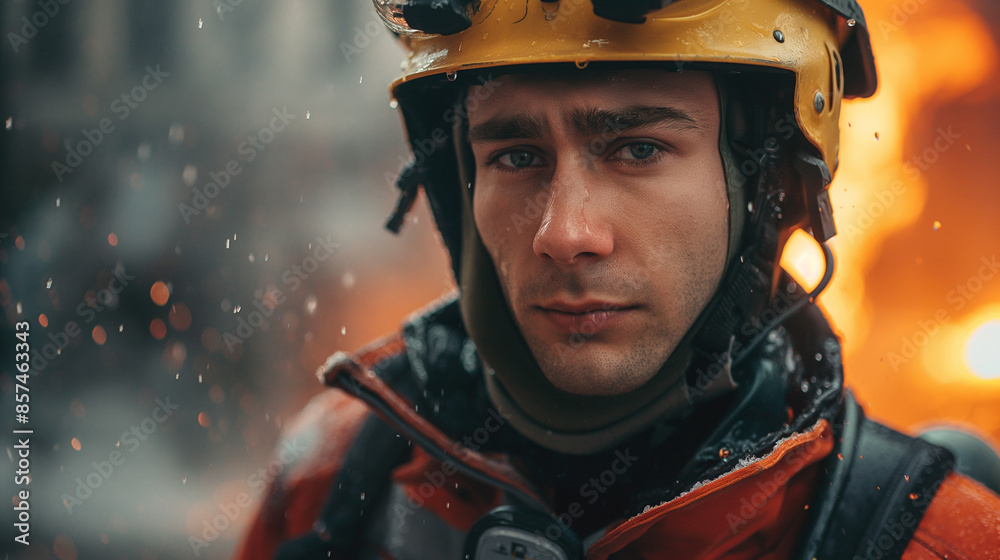 portrait of a firefighter at the fire site portrait of a firefighter at the fire site