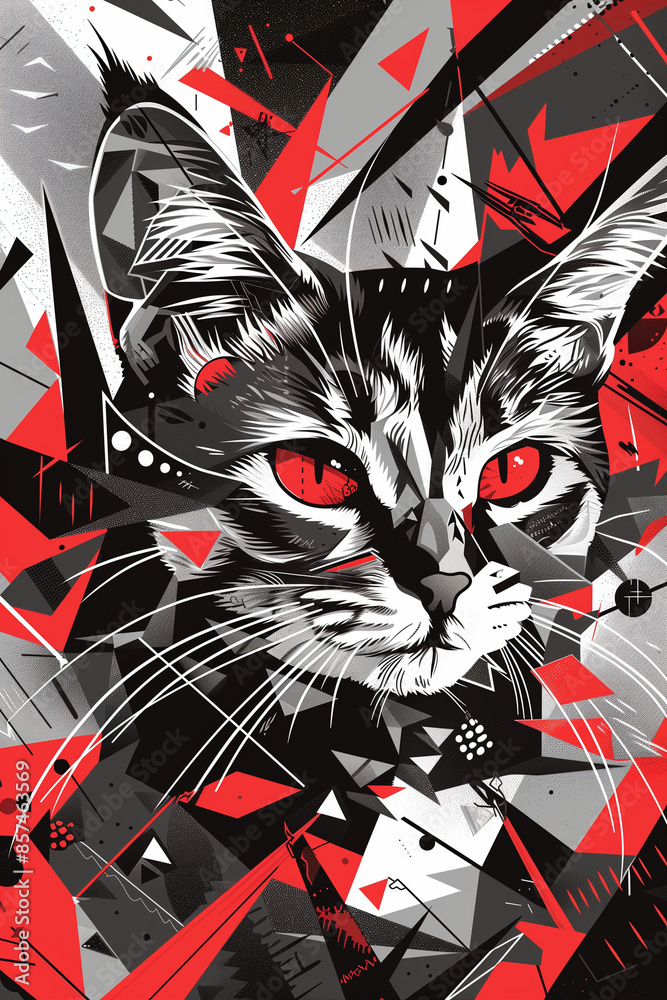 Abstract geometric illustration of a cat's face with red eyes on a modern colorful background Abstract geometric illustration of a cat's face with red eyes on a modern colorful background