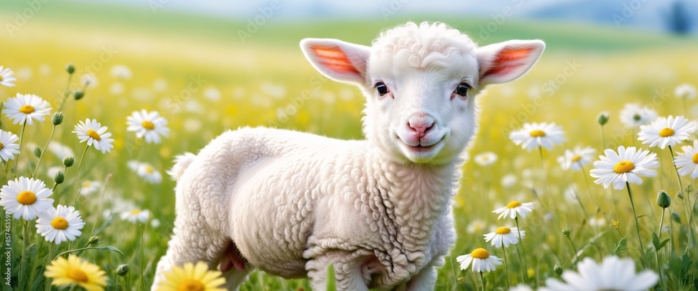 White sheep on green grass floral meadow White sheep on green grass floral meadow