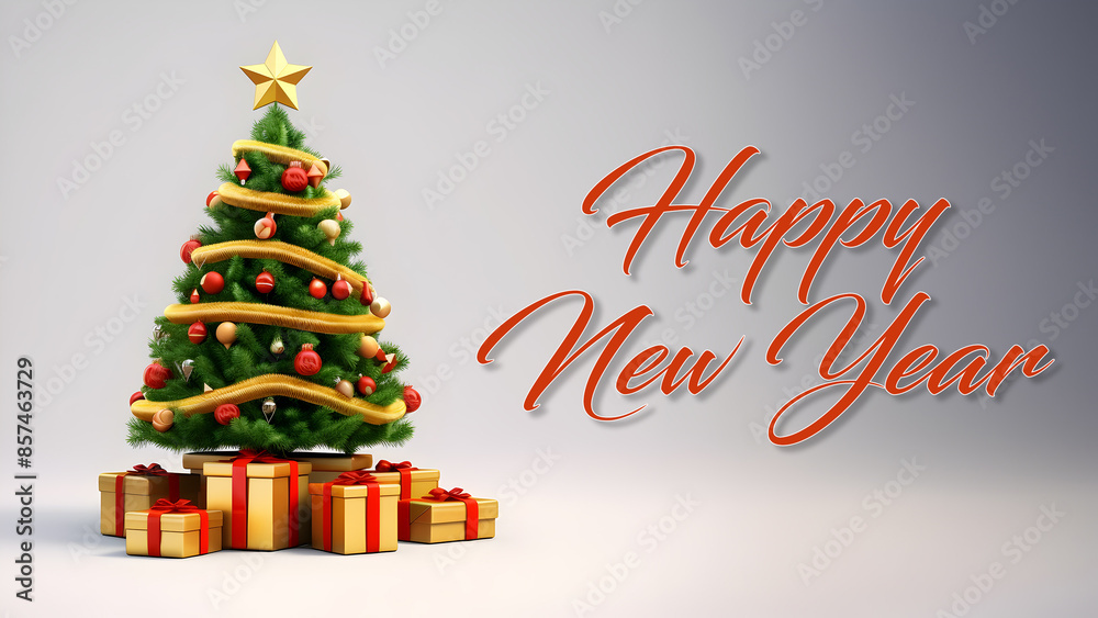 Naklejka premium Beautiful New Year card, tree decorated with red and golden balls, yellow star, red ribbon bows, lots of gift boxes and Happy New Year sign. 