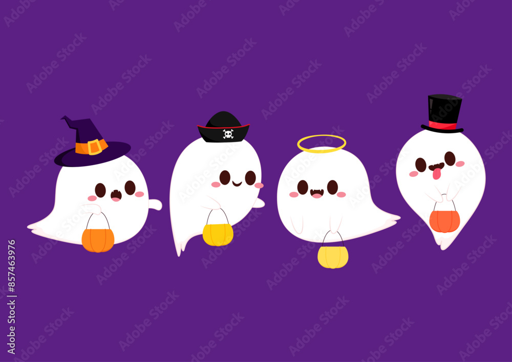 Cute ghost floating with Halloween pumpkin basket for Trick or Treat. Funny spooky boo character. Spook phantom with happy smiling face expression. Isolated kids flat vector illustration. Cute ghost floating with Halloween pumpkin basket for Trick or Treat. Funny spooky boo character. Spook phantom with happy smiling face expression. Isolated kids flat vector illustration.