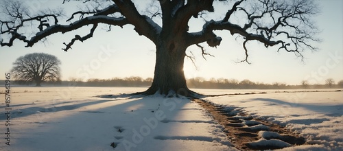 Landscape with old oak tree and path trail in snow covered field.