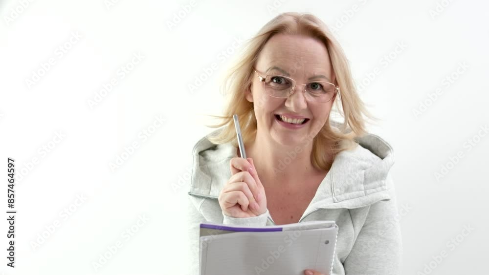 Close-up portrait of a beautiful excited woman in eyeglasses isolated on the blue background. High quality photo Close-up portrait of a beautiful excited woman in eyeglasses isolated on the blue background. High quality photo