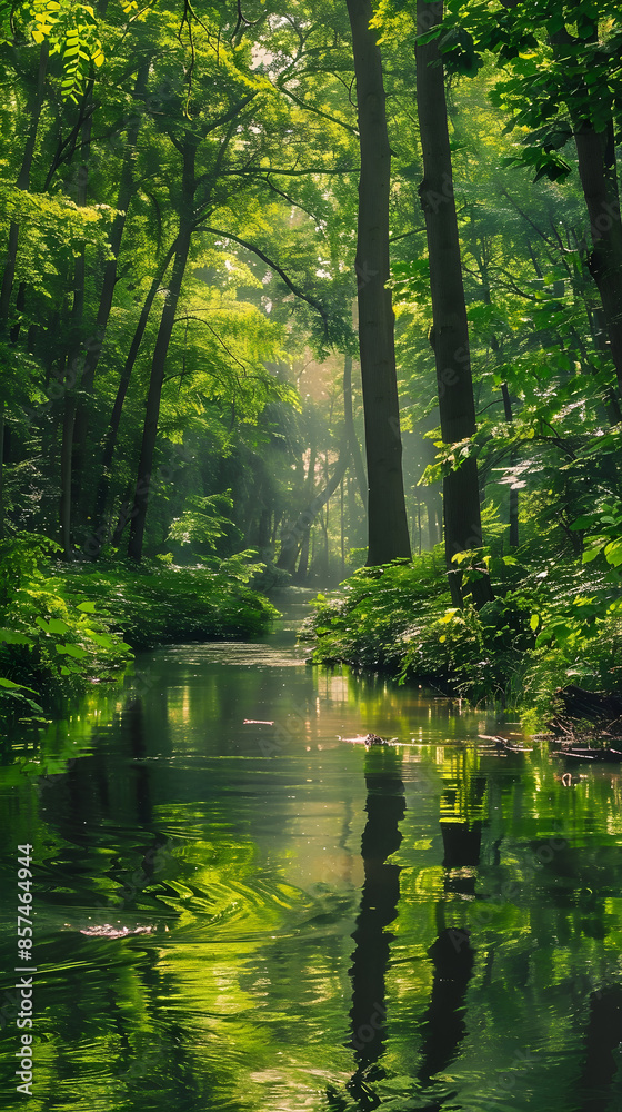 Serene Forest River: Tranquil Waters Reflecting Lush Greenery and Sunlight in a Harmonious Natural Setting Serene Forest River: Tranquil Waters Reflecting Lush Greenery and Sunlight in a Harmonious Natural Setting