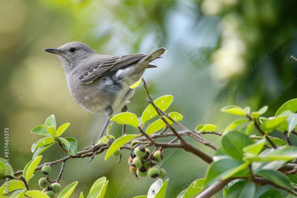 Naklejka premium Small Gray Bird Perched on Tree Branch with Berries