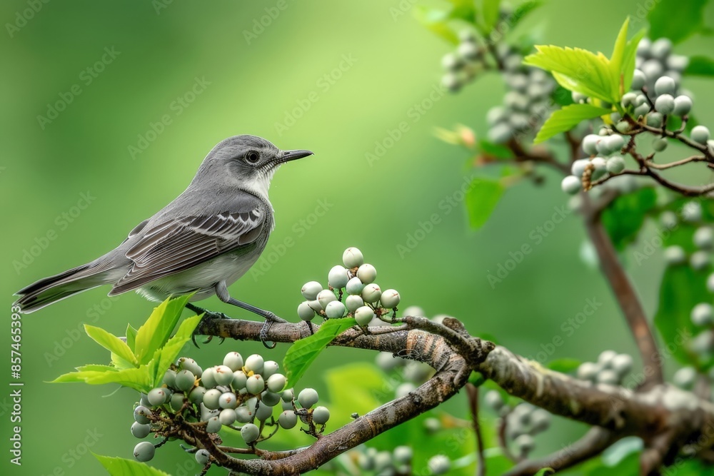 Peaceful Songbird Perched on Branch, Amidst Blossoms and Greenery Peaceful Songbird Perched on Branch, Amidst Blossoms and Greenery