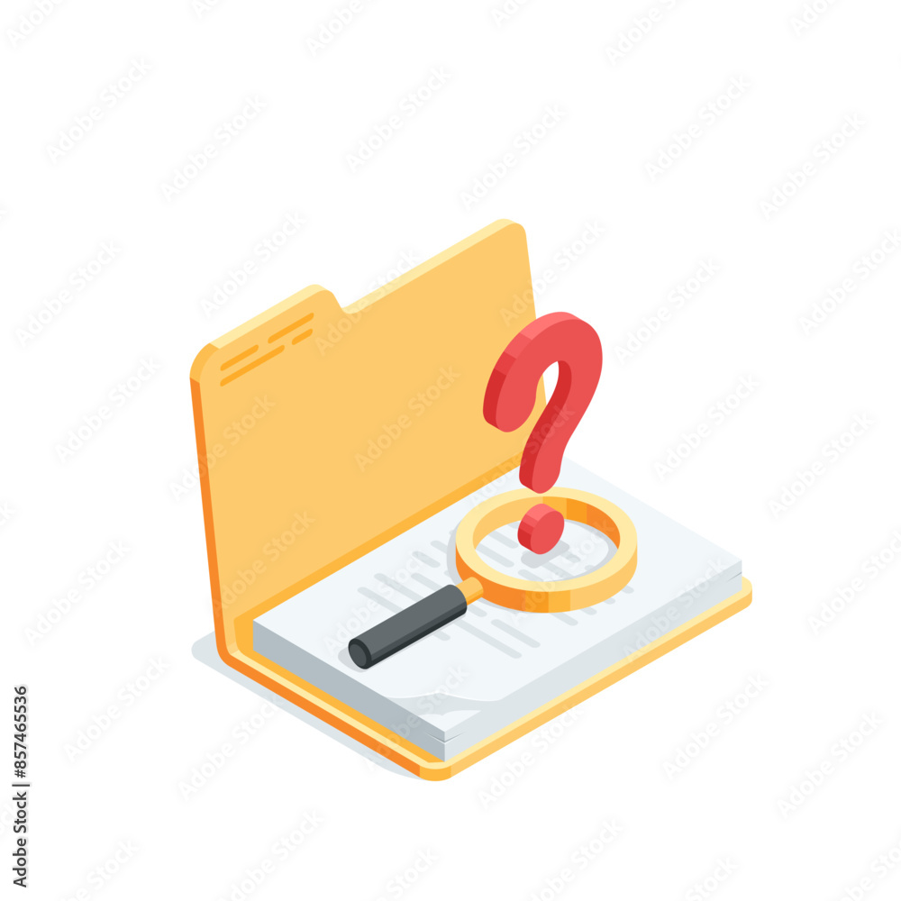 isometric vector open folder with documents and a magnifying glass with a question mark, in color on a white background, searching for data or working with papers isometric vector open folder with documents and a magnifying glass with a question mark, in color on a white background, searching for data or working with papers