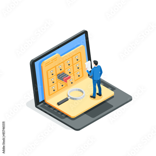 isometric vector business man reading a document from an archive in a folder on a laptop screen, in color on a white background, archive folder or digital document storage