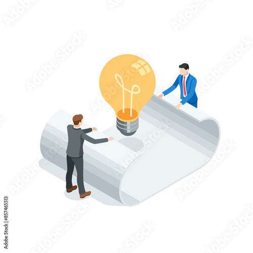 isometric vector business men unrolling a sheet of paper in the center of which there is a glowing light bulb, in color on a white background, a new idea or project