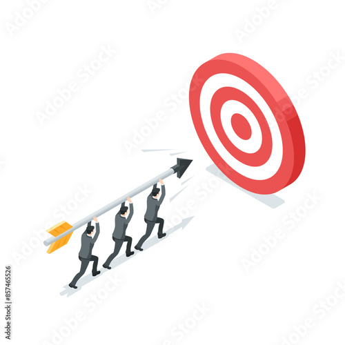 isometric vector business men running with an arrow to the target, in color on a white background, teamwork or achieving success