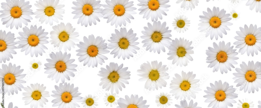Chamomile flowers collection on white. Set of colorful Chamomile or Daisy flowers background, top view. Floral pattern. Chamomile flowers collection on white. Set of colorful Chamomile or Daisy flowers background, top view. Floral pattern.