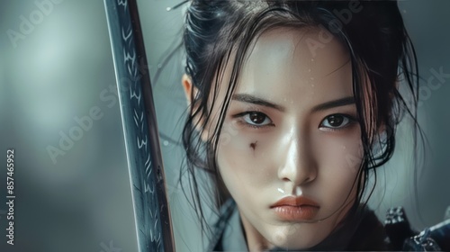illustration of a female samurai ninja holding a katana sword. dark background. Ai generated image