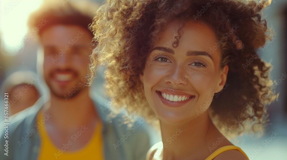 A middle-aged woman with curly hair in a yellow dress and a smiling man in a green shirt walking in the city during the daytime A middle-aged woman with curly hair in a yellow dress and a smiling man in a green shirt walking in the city during the daytime