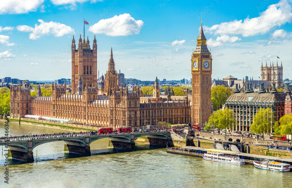 London cityscape with Houses of Parliament and Big Ben tower, UK