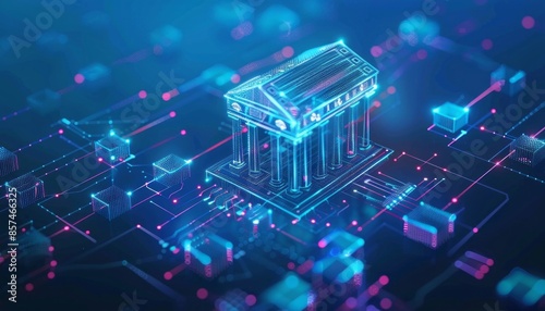 Digital Bank Building Illustration With Circuit Board Background