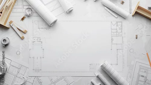 Obraz Architect's workspace seen from above. There are architectural designs, construction plans and engineering instruments on the table. Construction background with space for your own text.