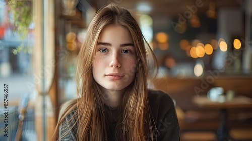 A_young_woman_with_long_straight_brown_hair_sitting_in_a_cafe_generative_ai_image © SazzadurRahaman