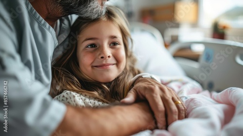 A happy moment shared between a father and his daughter in the hospital, they are hugging and smiling, showcasing the strength of their bond and mutual affection.