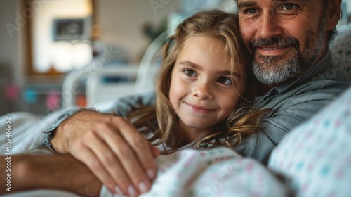 A touching scene of a father and daughter in a hospital setting, embracing warmly and smiling, reflecting love, support, and family bonding during a hospital visit. photo