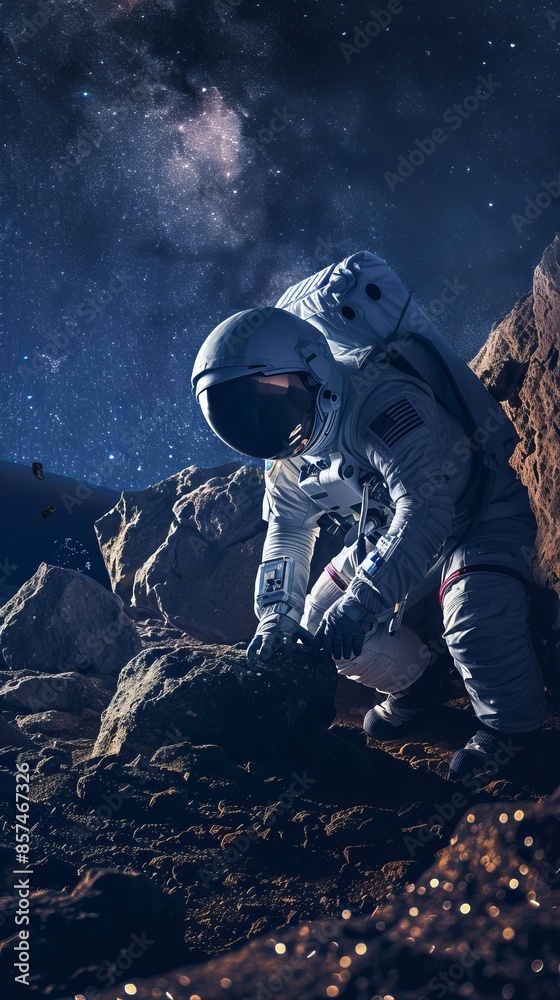 Obraz premium Astronaut exploring rocky terrain on extraterrestrial planet under starry night sky, space exploration and discovery concept