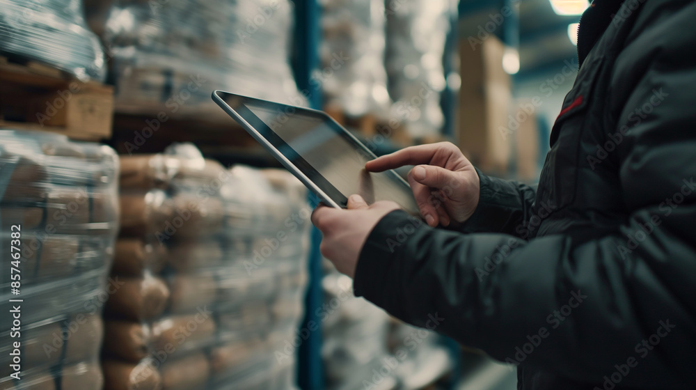 Fototapeta premium Close-up of a warehouse worker using a tablet, standing beside a pallet of wrapped food products, industrial setting, focused action