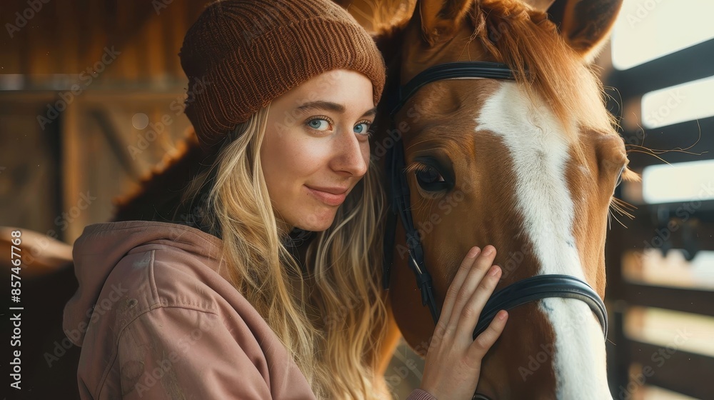 Fototapeta premium A young woman in a knit hat poses with a horse inside a barn, displaying their bond and showcasing a harmonious relationship in a rustic, comfortable setting