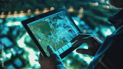Engineers in meticulous study of energy distribution maps and efficiency analytics on digital tablets, optimizing smart grid strategies, close-up view photo