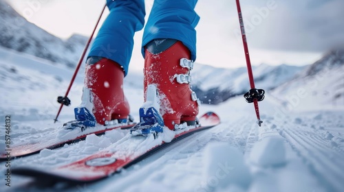 A close-up view of a skier's red boots and skis on an icy ski slope, capturing the intricate details and excitement of alpine skiing in a winter wonderland.