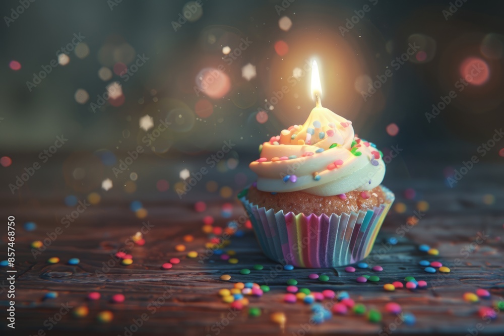 Colorful cupcake with single birthday candle Colorful cupcake with single birthday candle