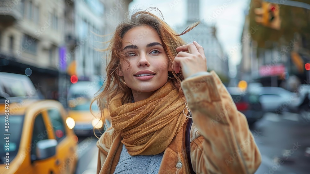 Obraz premium A young woman stands in a bustling city street, smiling and looking around contentedly, capturing a moment of urban beauty, tranquility, and everyday life amid the city chaos.