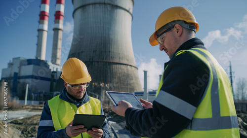 Close-up of engineers at a nuclear plant reviewing digital tablets with energy distribution maps and efficiency data, planning smart grid enhancements