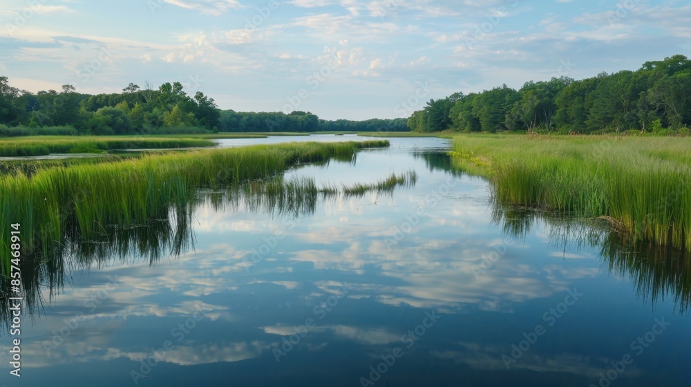 A tranquil river winds through a lush green marsh, with the reflection of the sky and clouds adding a touch of ethereal beauty. A tranquil river winds through a lush green marsh, with the reflection of the sky and clouds adding a touch of ethereal beauty.