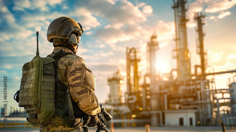Against the intricate backdrop of a sunlit modern oil refinery, a soldier in a military uniform stands guard with a weapon, emphasizing the facility's strategic value Against the intricate backdrop of a sunlit modern oil refinery, a soldier in a military uniform stands guard with a weapon, emphasizing the facility's strategic value